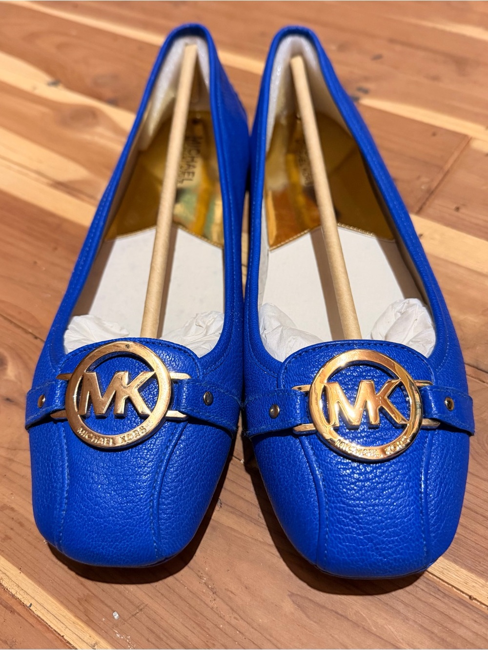 Michael Kors Fulton Moc Leather Flats Heritage Blue Gold Hardware - New/Unworn